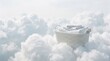 © Coosh448 - White laundry basket resting among soft clouds, fresh clean laundry concept, airy dreamy composition, minimal white background, soft diffuse light, realistic detail, no logos