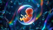 © olga_demina - A highly detailed and colorful digital illustration of a fetus in an amniotic sac, representing the miracle of life and the advancements in IVF technology.