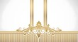 © Sunil77 - Ornate gold floral filigree decorative element centered against a striped pattern featuring elegant swirly leaf motifs and vertical lines designed for luxury invitation cards or formal event