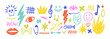 © Arina - Punk rock doodle stickers with lightning bolts, hand-drawn fire flames, and eyes. Doodle color vector illustration with crayon texture.