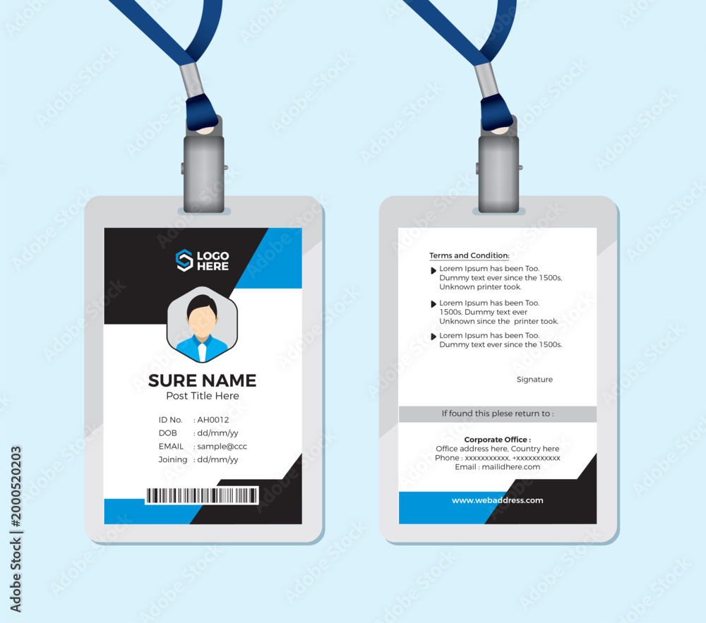 Professional corporate ID card template, blue and black employee ...