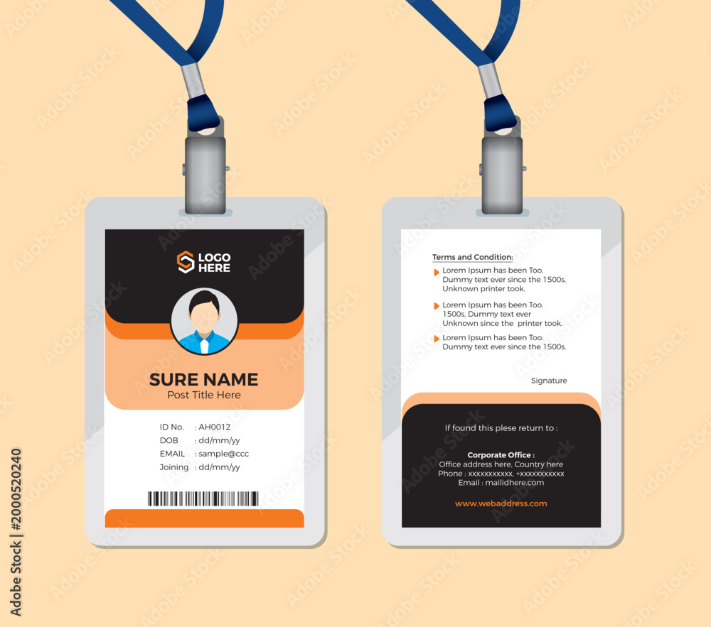Professional corporate ID card template with lanyard, modern employee ...