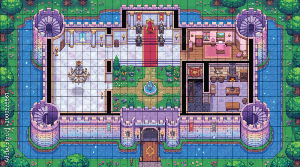 Pixel art castle interior map, retro 16-bit fantasy palace floor plan ...