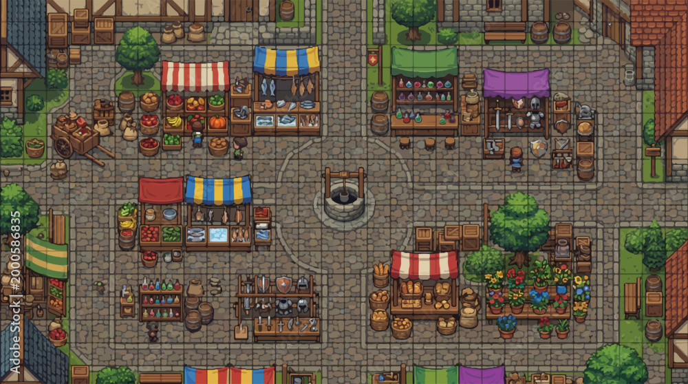 Merchant Pixelated Pixel art medieval market square, retro RPG game village map with ...