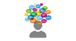 © Adit - Person with many colorful speech bubbles above head representing communication ideas.