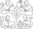 © KatakMini - Cyber Security and Digital Protection Concept Illustration with Network Monitoring, Data Privacy, IT Support, Hacking Prevention and Server Infrastructure Management in Thin Line Art Style