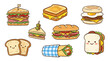 © Terra - A delightful collection of cute, kawaii-style illustrations featuring various sandwiches, a wrap, and toast with smiling faces, perfect for food-themed designs.