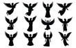 © Shela - Collection of black silhouette angel illustrations in various poses on white background