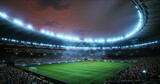 Professional Stadium With Football Game Championship Opening Ceremony. Soccer Teams Stand in Formation at Midfield as Floodlights Blaze Over Packed Stands and Fans Build Roaring Pre Kickoff Energy.