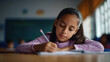 © Favio - Latina school girl writing in notebook in classroom with focused expression representing education learning concentration and academic development.