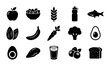 © Imran - Healthy food icons set, 15 black solid vector symbols of organic nutrition, diet and wellness lifestyle elements for meal planning
