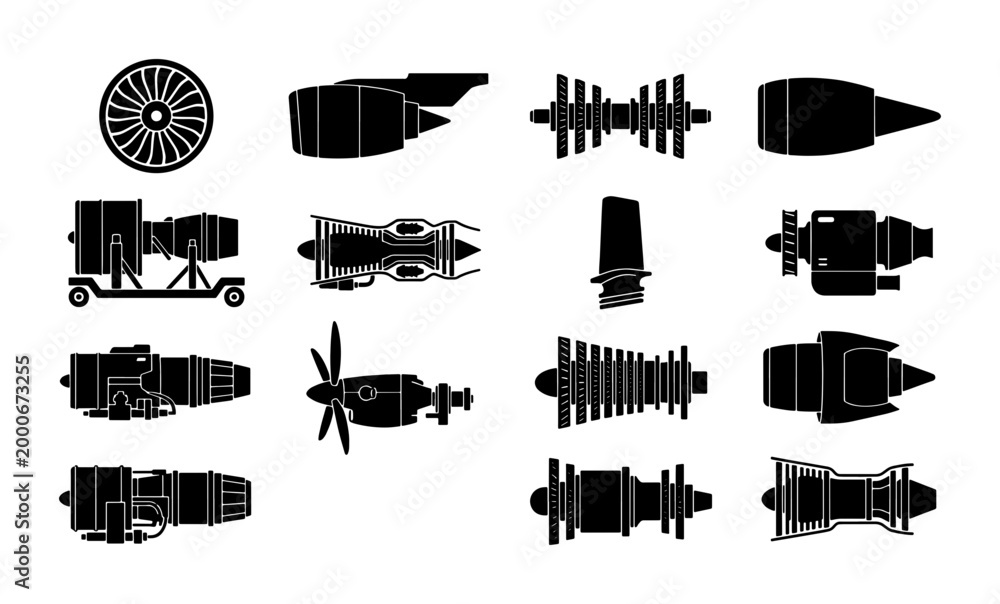 Jet engine silhouette icons set, aircraft turbine and aerospace ...