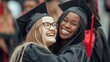 © pvl0707 - Two friends hugging after graduation, a black woman a cap and gown, a white blonde haired girl in the background on the street.