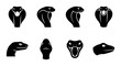 © Selim - Cobra snake head icons set, black minimalist serpent silhouettes, 8 reptile mascot vector elements, aggressive viper and king cobra logo graphics