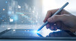 © DigitalStock - Professional Hand Using Stylus on Digital Tablet with Futuristic Gantt Chart and Project Management Interface for Efficient Business Planning and Data Organization