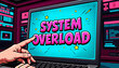 © Lyudmila Finkel - A man points in horror at the computer screen, where the system reboot message has reappeared, Comic Pop Art style.