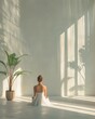 © Edu Estellez - Woman meditating in bright minimalist room with plant shadows. AI-generated.