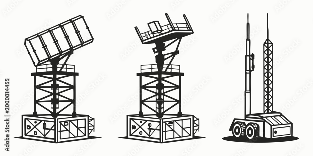 Set of mobile military radar stations and surveillance vehicle with ...