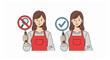 © Jolly J Icon - A woman wearing a red apron holding two signs featuring a crossed out magnifying glass and a blue checkmark symbol on a white background.