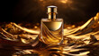 © ArtBeauty - Golden perfume bottle on wavy liquid gold surface closeup