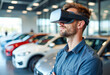© Radorog. - man in a car dealership wearing VR glasses chooses a car to buy