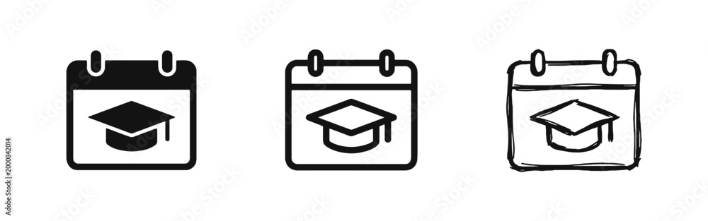 Graduation date calendar icon set with mortarboard cap symbol Stock ...