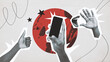 © Prostock-studio - A collage showcases hands making gestures around a smartphone. The background includes bold shapes and stars. It offers a glimpse into modern communication and creativity.