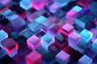 © Anyket - Abstract background of glowing translucent glass cubes in neon blue and purple colors arranged in grid pattern representing big data and block chain technology for digital infrastructure art