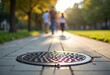 © limanskaya - Manhole cover on a paved walkway with blurred pedestrians walking in a park during sunset, trees lining the path and warm sunlight filtering through leaves