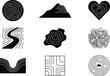 © Insa Batool - Sammlung abstrakter Schwarz-Weiß-Illustrationen mit verschiedenen topografischen Konturlinien und geometrischen Formen.