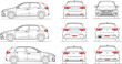 © MDMASUD - Modern Hatchback Car Vector Template Set Featuring Technical Line Art Blueprints with Front, Side, and Rear View Outlines for Automotive Branding and Mockups