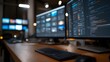 © Bussakon - A technical workspace featuring multiple monitors displaying complex lines of code and data streams