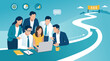 © bizvector - Teamwork and growth. Illustration of a diverse business team collaborating around a laptop, gathered in the foreground with a winding road stretching into the distance toward a financial goal.