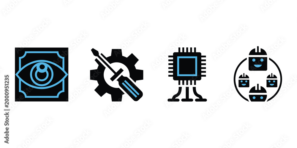 Artificial intelligence automation icons with agentic ai, RPA, machine ...