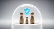 © SALMA1234 - A family of three wooden figures protected under a glowing shield with a checkmark on a grey background