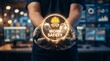 © Robert Garcia - Glass-like work safety badge glows above a supervisor’s palm, suggesting monitoring and compliance in a bustling factory control area.