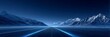 © Strother - Futuristic digital highway with glowing blue neon lines and wireframe grid stretching through a vast mountain range under a starry night sky in a sci-fi virtual reality landscape