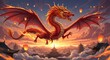 © Sharmin - A vibrant red dragon soars through a colorful sky with lanterns and pagodas at sunset