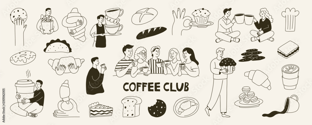 Hand drawn coffee and bakery illustration set in cute doodle style ...