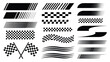 © Khoteza - Racing stripes and checkered flags set, black and white vector collection of motorsport design elements for automotive graphics, speed branding, racing decals, and competitive sports visuals