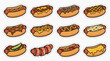 © simple design - Set of gourmet hot dog and sausage illustrations with various toppings in doodle style