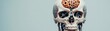 © Design@22 - Close-up frontal view of a human skull revealing an intricate mechanical brain with gears and exposed robotic elements, symbolizing the fusion of biology and AI. ,Cyborg, Transhumanism