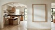 © NoLimitStudio - mockup frame interior kitchen dining room minimalist mediterranean style with vertical blank poster on wall, rustic wood furniture, and elegant wabi-sabi japandi architectural design.