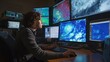 © andyaziz6 - Female scientist monitoring weather data and analyzing meteorological conditions on multiple computer screens in a weather center