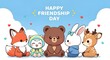 © ABU IMAGE - Happy friendship day illustration featuring cute cartoon animals including a fox, cat, bear, rabbit, and deer sitting together
