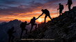© Saeed - Team ascending mountain at sunset in silhouette - climbing, helping hands, and teamwork concept with group of people.