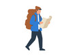 © atar - A male traveler hiking with a large backpack while looking at a paper map.