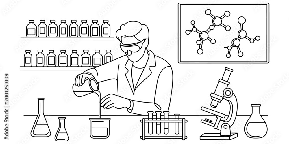Science Lab Drawing Cloluring Scientist working in a laboratory with beakers and a microscope doing a ...