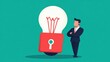 © Virtual Art Studio - A suited man stands with arms crossed beside a large, red-padlocked light bulb against a solid teal background.