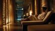 © kwanchaift - Serene Woman in Spa Relaxing on Lounger Surrounded by Modern Decor and Soft Lighting in Luxurious Wellness Retreat Setup